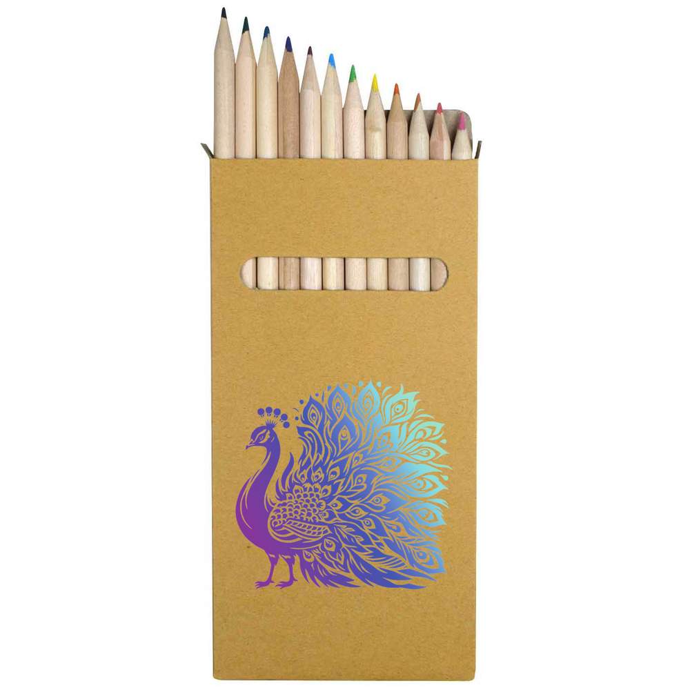 12 x 'Colourful Stylised Peacock' Long 178mm Coloured Pencils / Pencil Set (PE00087755)