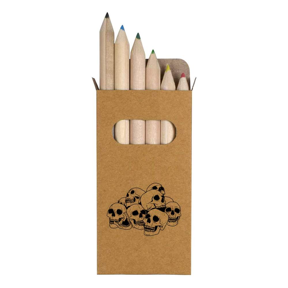 6 x 'Pile Of Skulls' Short 85mm Pencils / Coloured Pencil Set (PE00035579)