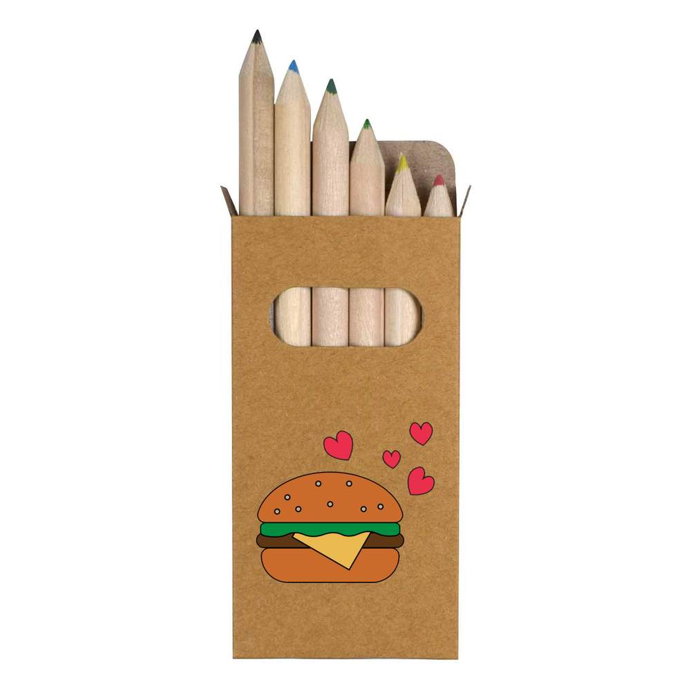 6 x 'Burger & Hearts' Short 85mm Pencils / Coloured Pencil Set (PE00047434)