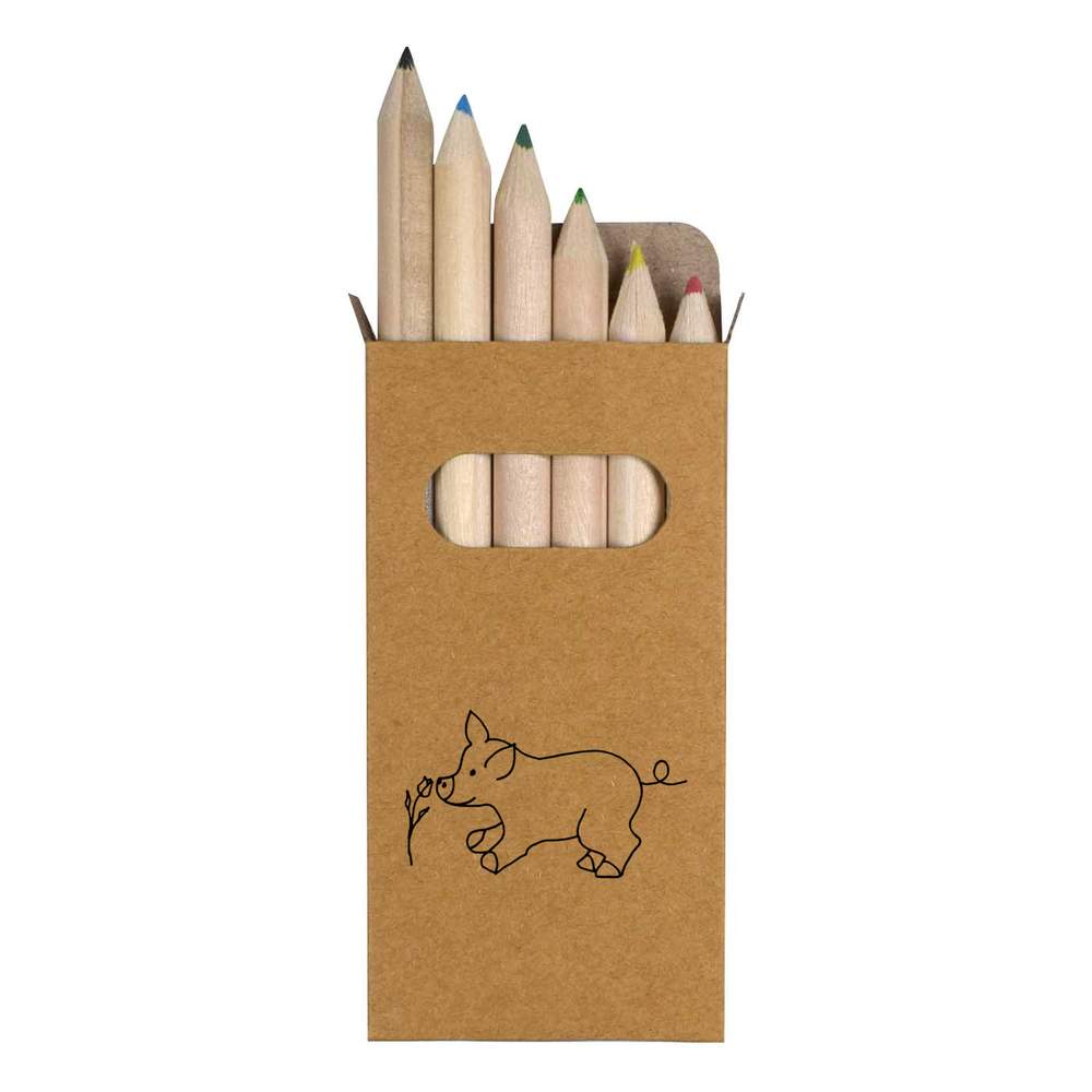 6 x 'Pig Smelling Flower' Short 85mm Pencils / Coloured Pencil Set (PE00049462)