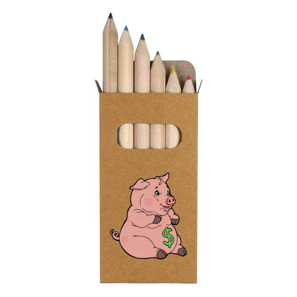 6 x 'piggy bank' Short 85mm Pencils / Coloured Pencil Set (PE00050054)