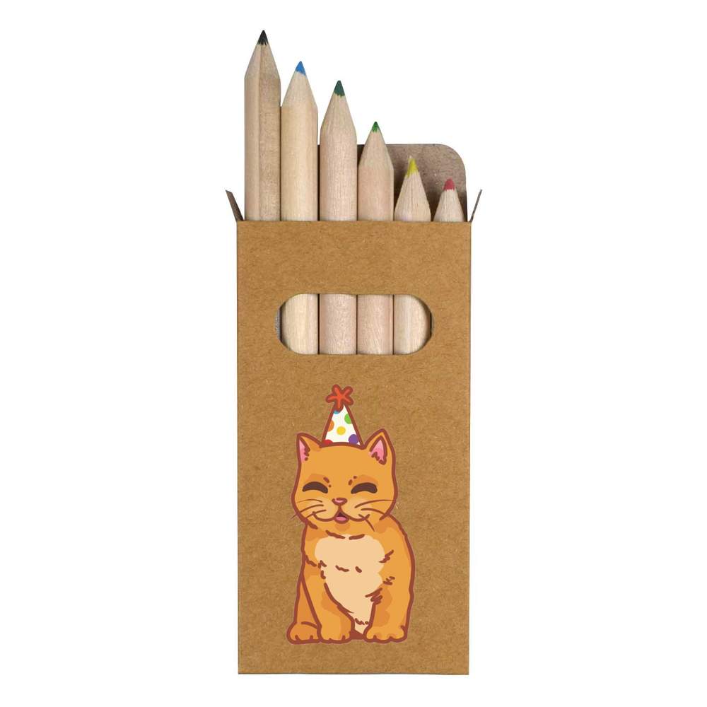 6 x 'Smiling Party Hat Ginger Kitten' Short 85mm Pencils / Coloured Pencil Set (PE00052662)