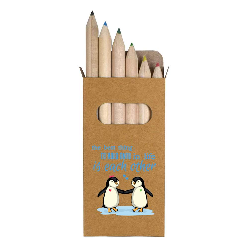 6 x 'Penguins Holding Hands' Short 85mm Pencils / Coloured Pencil Set (PE00055858)