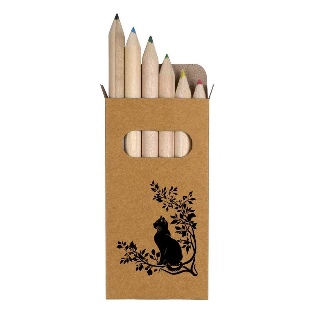 6 x 'Cat Sitting on Branch ' Short 85mm Pencils / Coloured Pencil Set (PE00067666)