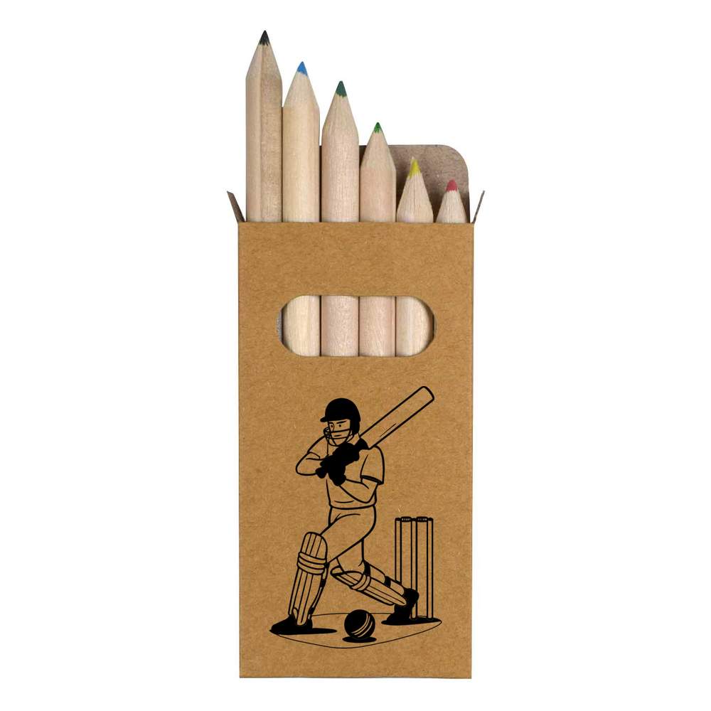 6 x 'Cricket Batter Action' Short 85mm Pencils / Coloured Pencil Set (PE00077884)