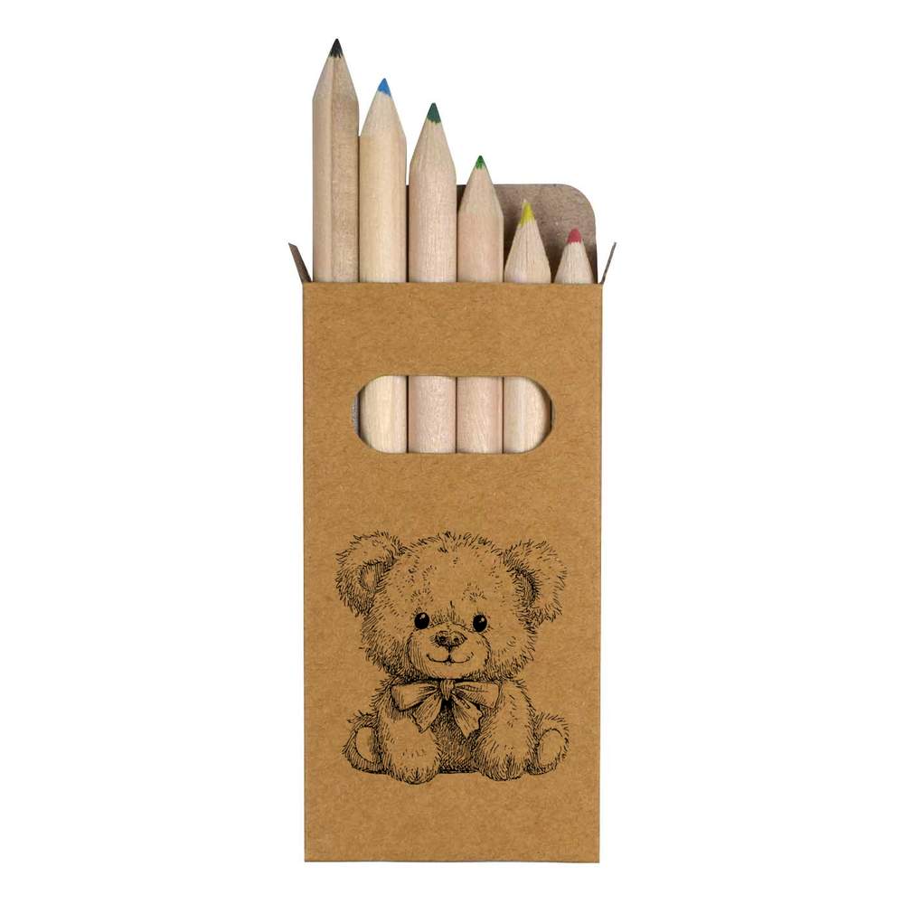 6 x 'Cute Teddy Bear Sitting' Short 85mm Pencils / Coloured Pencil Set (PE00084048)