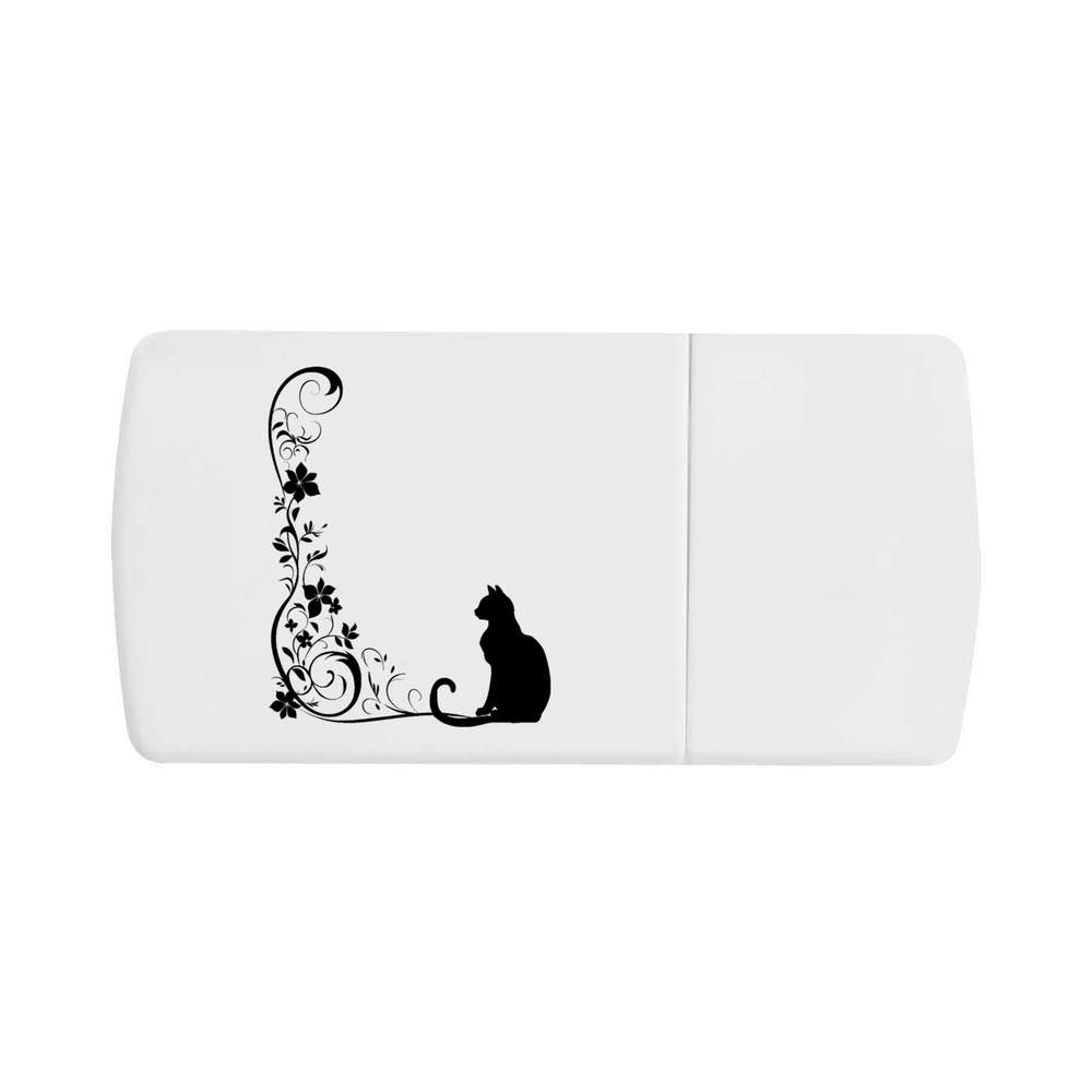 'Cat Sitting with Floral Corner Border' Pill Box with Tablet Splitter (PI00035272)
