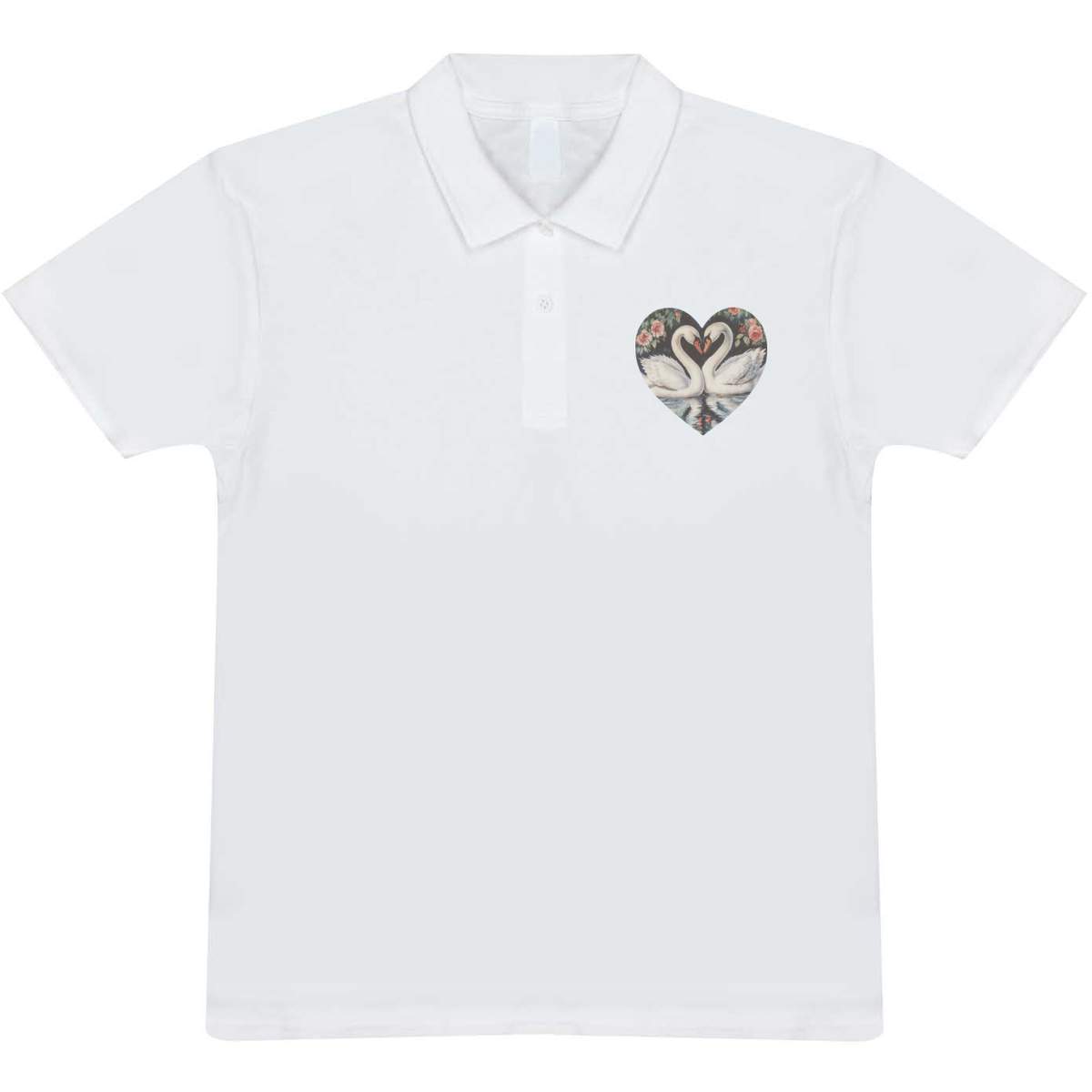 'Swan Couple with Flowers' Adult Polo Shirt - White, L - Adult 100% Cotton Collared Shirt for Work, Golf, Teams and Uniforms (PL00332286)