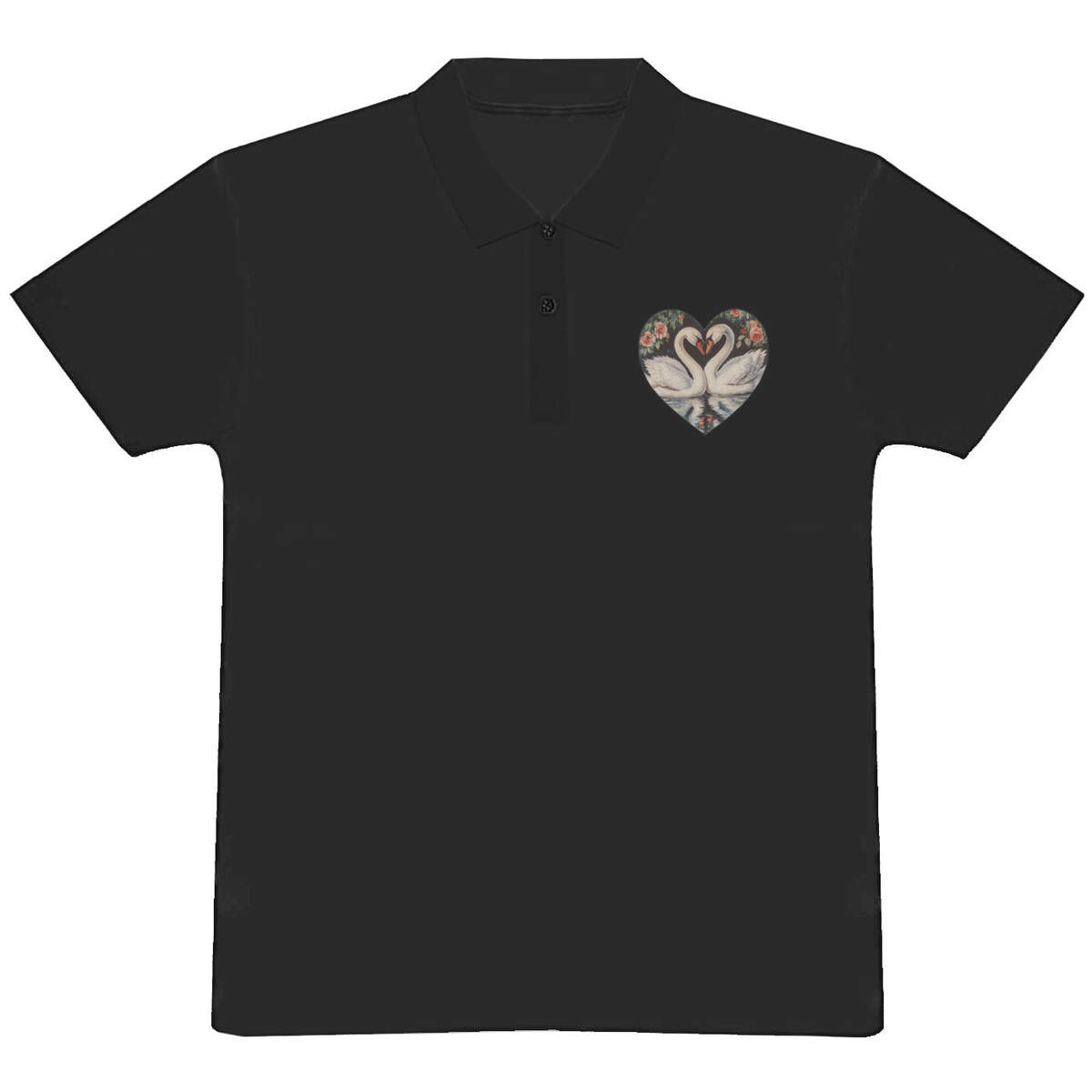 'Swan Couple with Flowers' Adult Polo Shirt - Black, XL - Adult 100% Cotton Collared Shirt for Work, Golf, Teams and Uniforms (PL00332282)