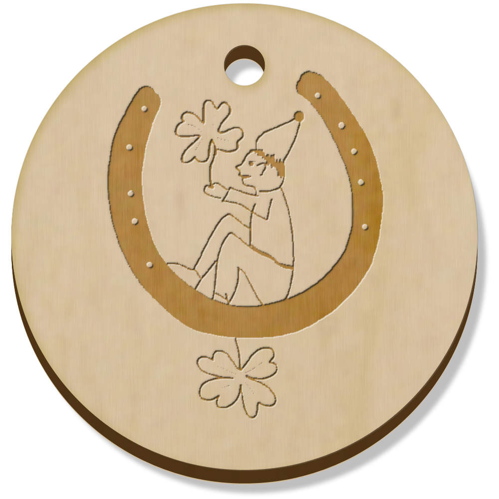 11 x 34mm 'A Leprechaun Sitting In A Horseshoe ' Wooden Pendants / Charms (PN00070331)