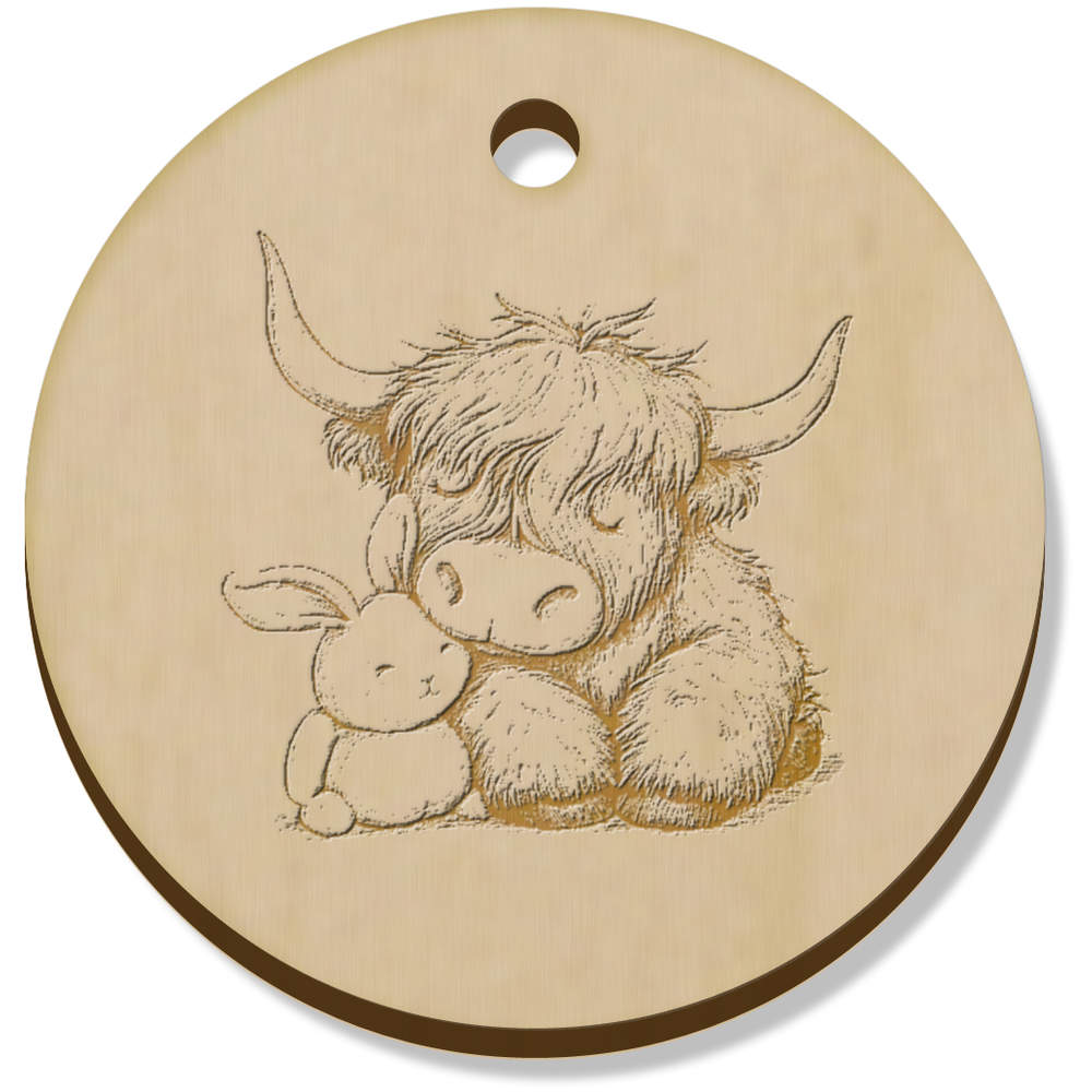 11 x 34mm 'Sleepy Highland Cow Cuddling with Plush Bunny' Wooden Pendants / Charms (PN00074332)