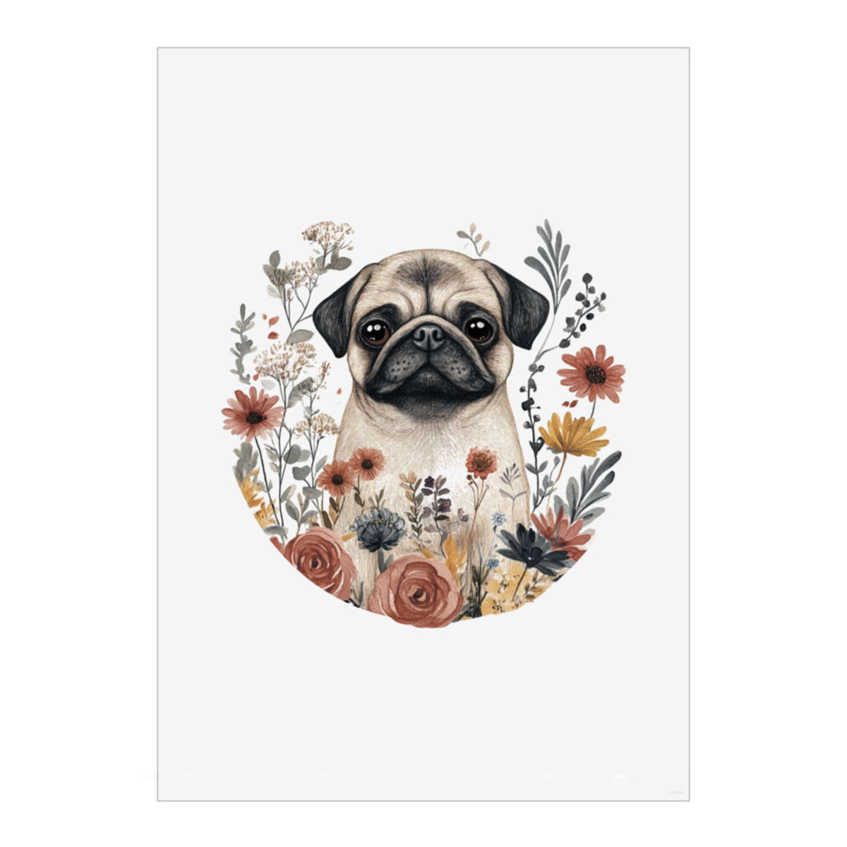 'Pug with Flowers' Wall Art Poster - A2 Portrait - Unframed Wall Art Print for Home Decor - 594mm / 23.4in (PP00291504)