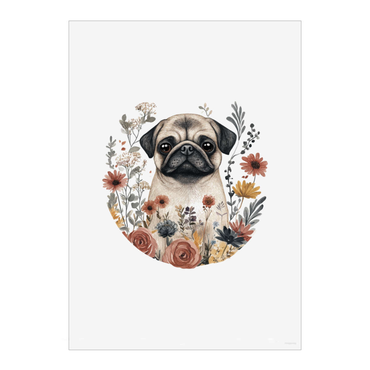 'Pug with Flowers' Wall Art Poster - A4 Portrait - Unframed Wall Art Print for Home Decor - 297mm / 11.7in (PP00291502)