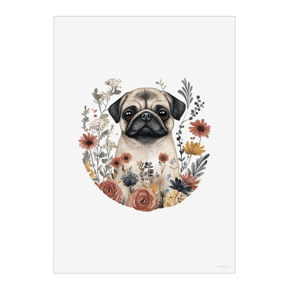 'Pug with Flowers' Unframed Wall Art Poster - Decorative Print for Home Decor (PP049814)