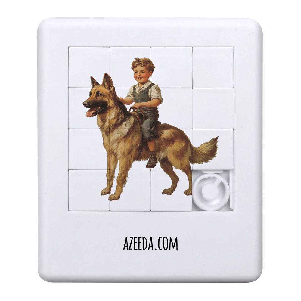 'Boy & German Shepherd' Sliding Puzzle - 90mm - Pocket Brain Teaser / Fidget Game for Party Bags, Travel and Gifts (PZ00032321)