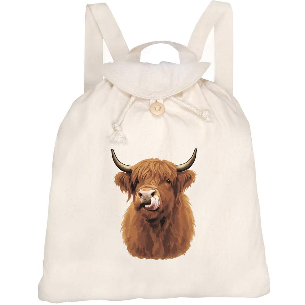 'Highland Cow With Its Tongue Out' Canvas Rucksack / Backpack (RK00042017)