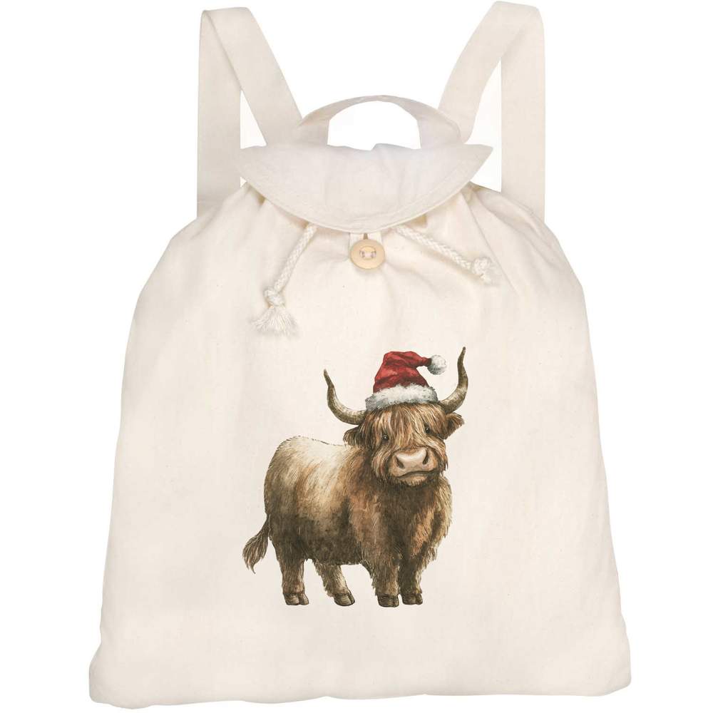 'Highland Cow Wearing Santa Hat' Canvas Rucksack / Backpack (RK00042687)