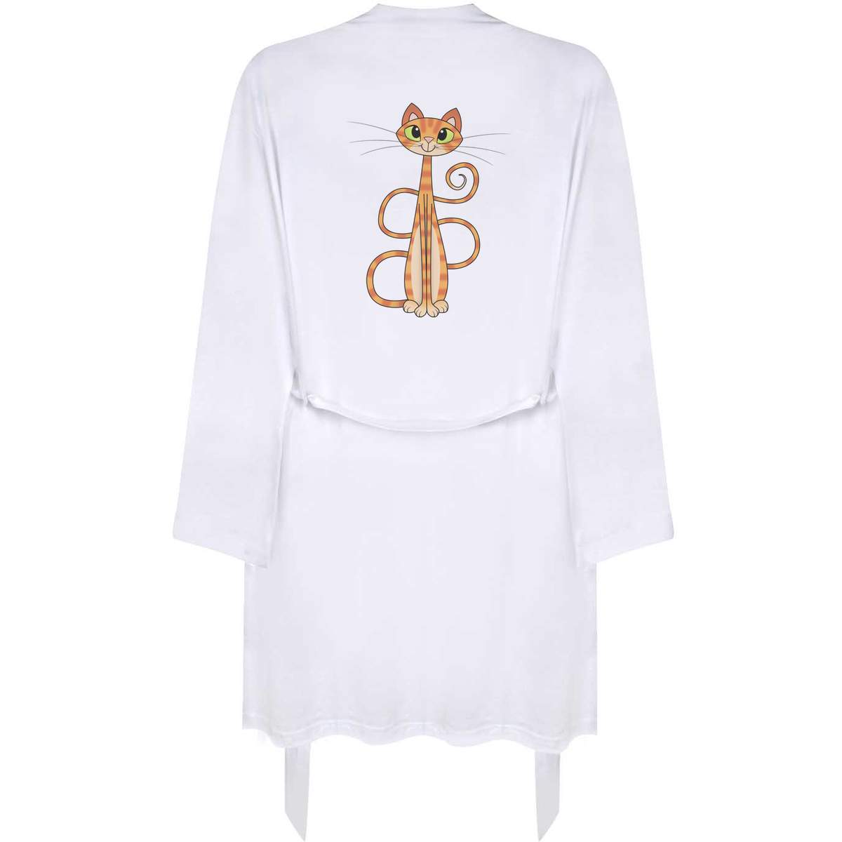 'Tall Orange Cat' Dressing Gown / Robe - S - White Lightweight 100% Cotton Loungewear (RO00073748)
