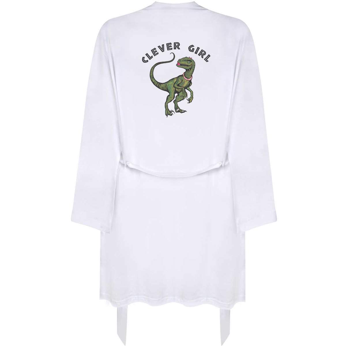 'Clever Girl Dinosaur' Dressing Gown / Robe - S - White Lightweight 100% Cotton Loungewear (RO00075056)