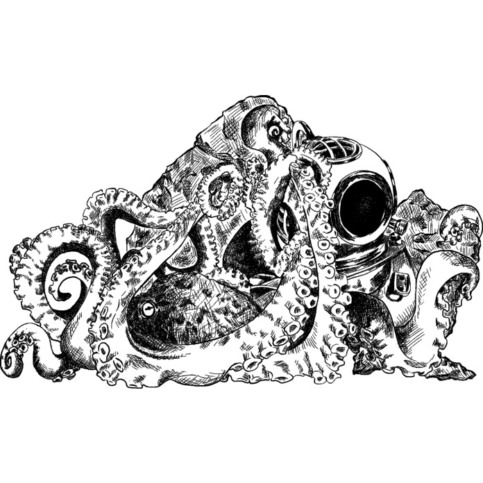 'Octopus & Diving Helmet' Unmounted Rubber Stamp - For Crafting, Scrapbooking and Card Making - Size A7 (RS00045554)