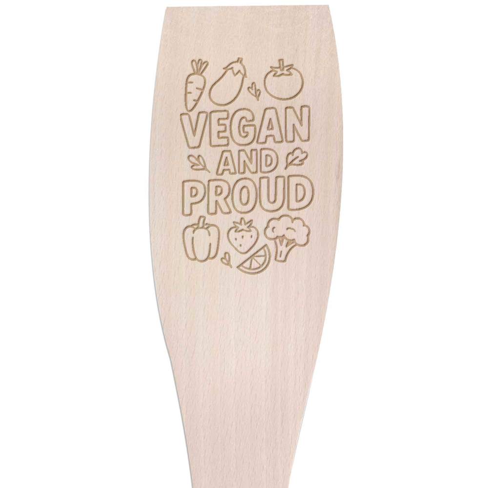 'Vegan and Proud' Wooden Cooking Spatula - 30cm - Kitchen Utensil for Frying, Stirring, Baking and Food Preparation (SA00026123)
