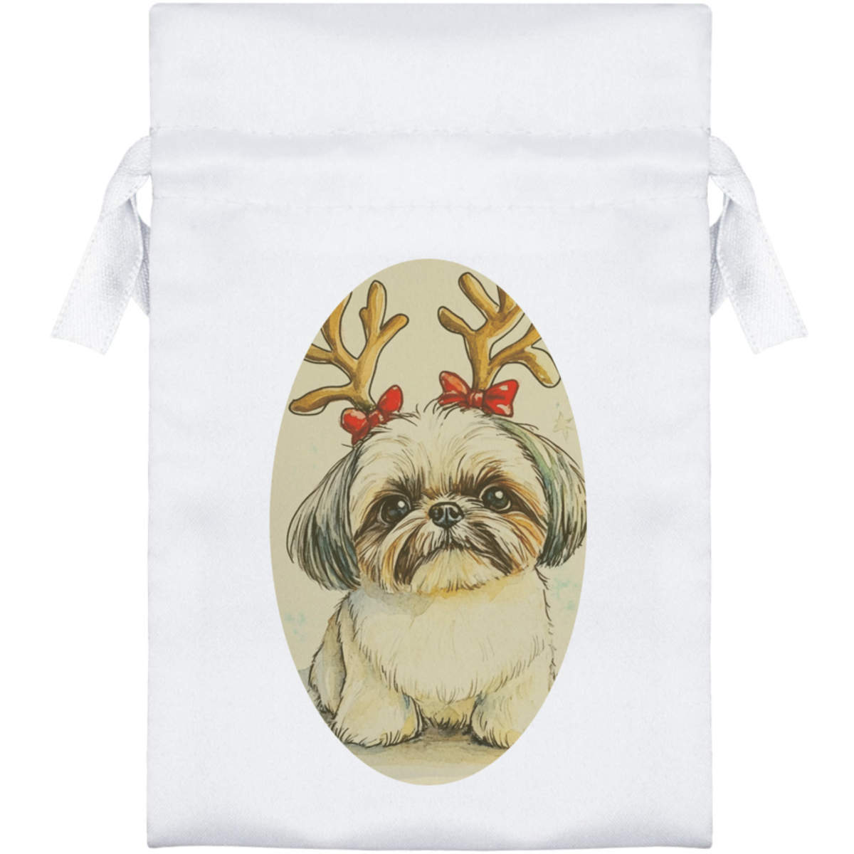 'Shih Tzu Dog Wearing Reindeer Antlers' Satin Drawstring Bag/Pouch (SB051464)