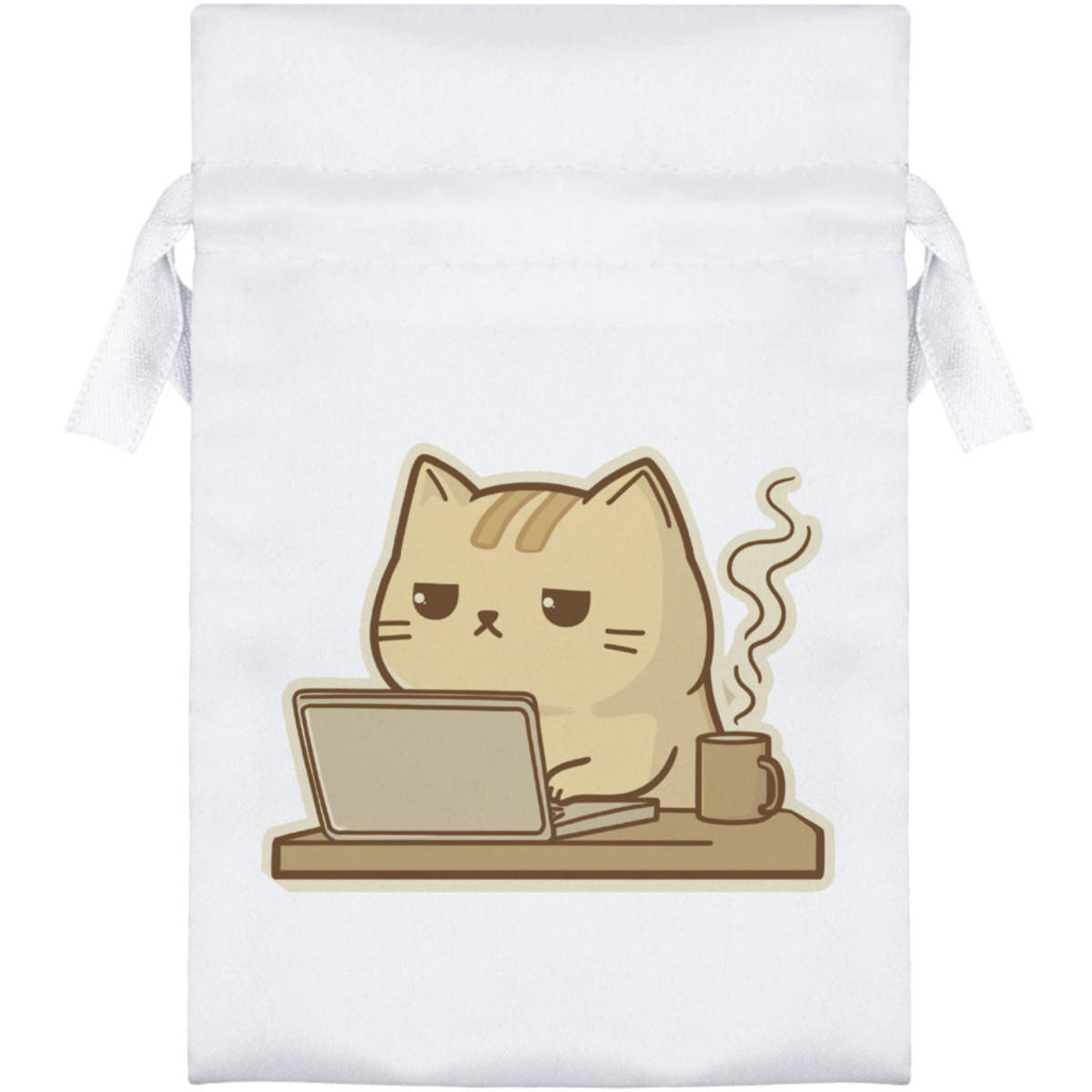 'Working Cat with Coffee' Satin Drawstring Bag/Pouch (SB053045)