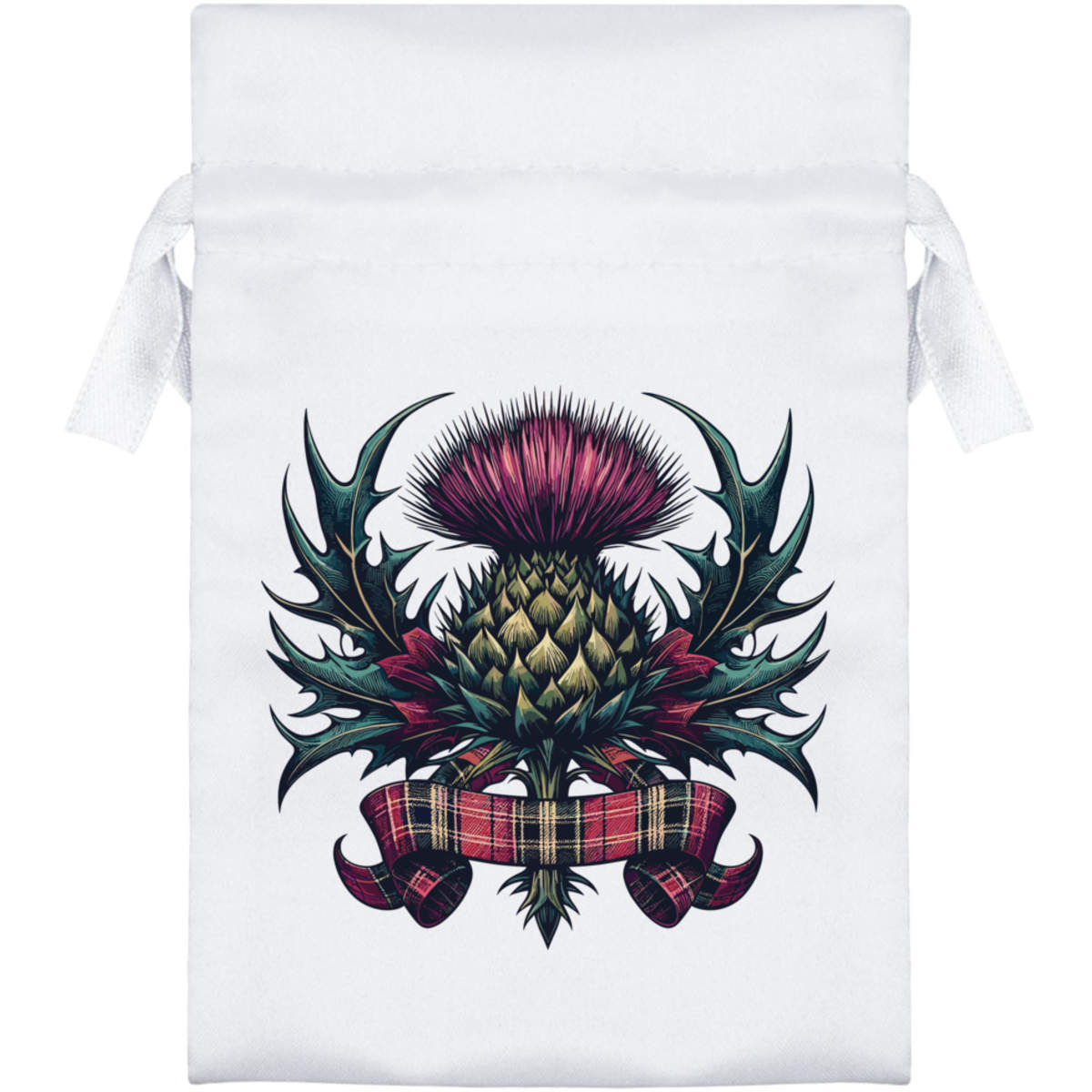'Scottish Thistle With Tartan Ribbon' Satin Drawstring Bag/Pouch (SB055083)