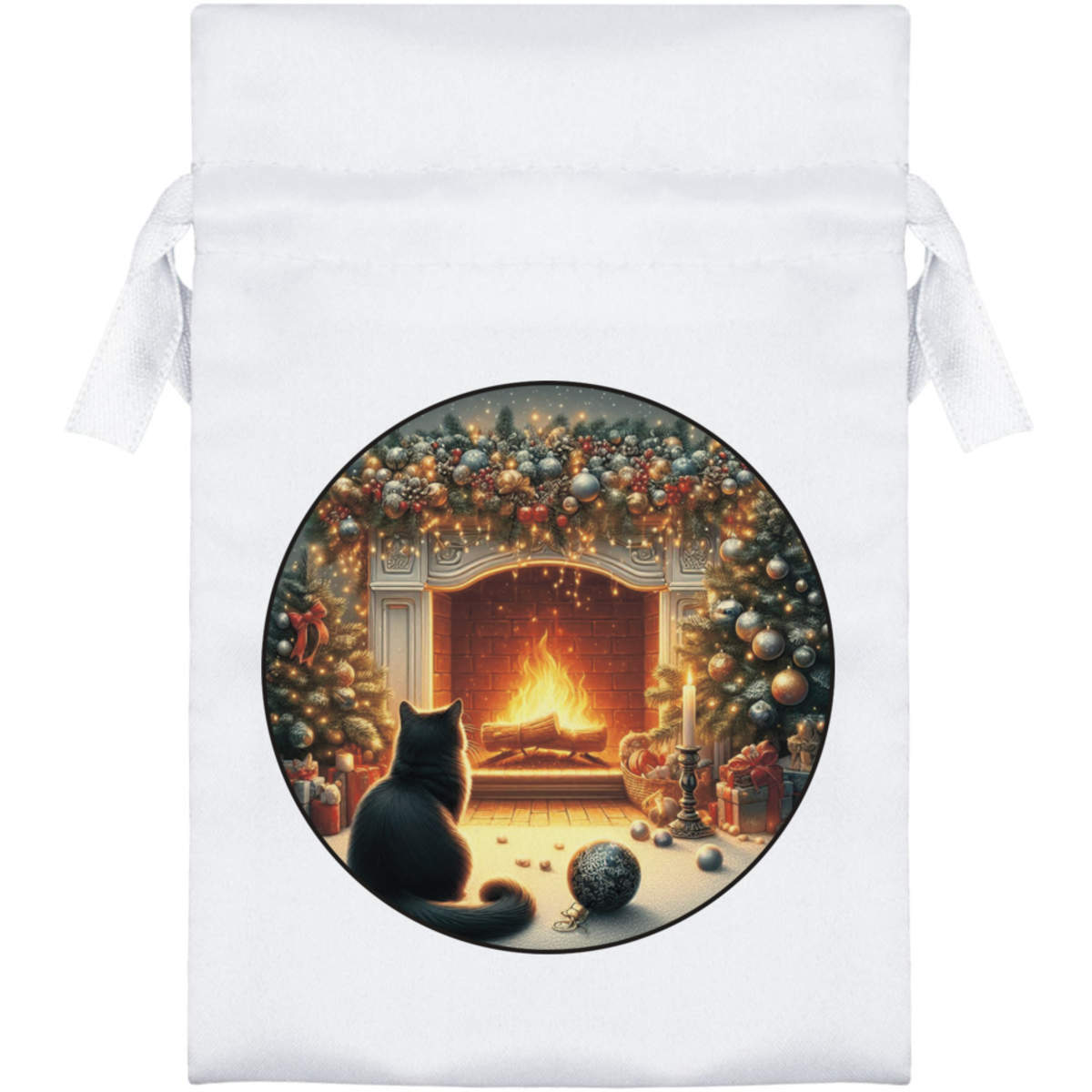 'Christmas Fireplace & Cat' Satin Drawstring Gift Bag - Gift Pouch for Wedding Favours, Jewellery and Parties (SB058519)