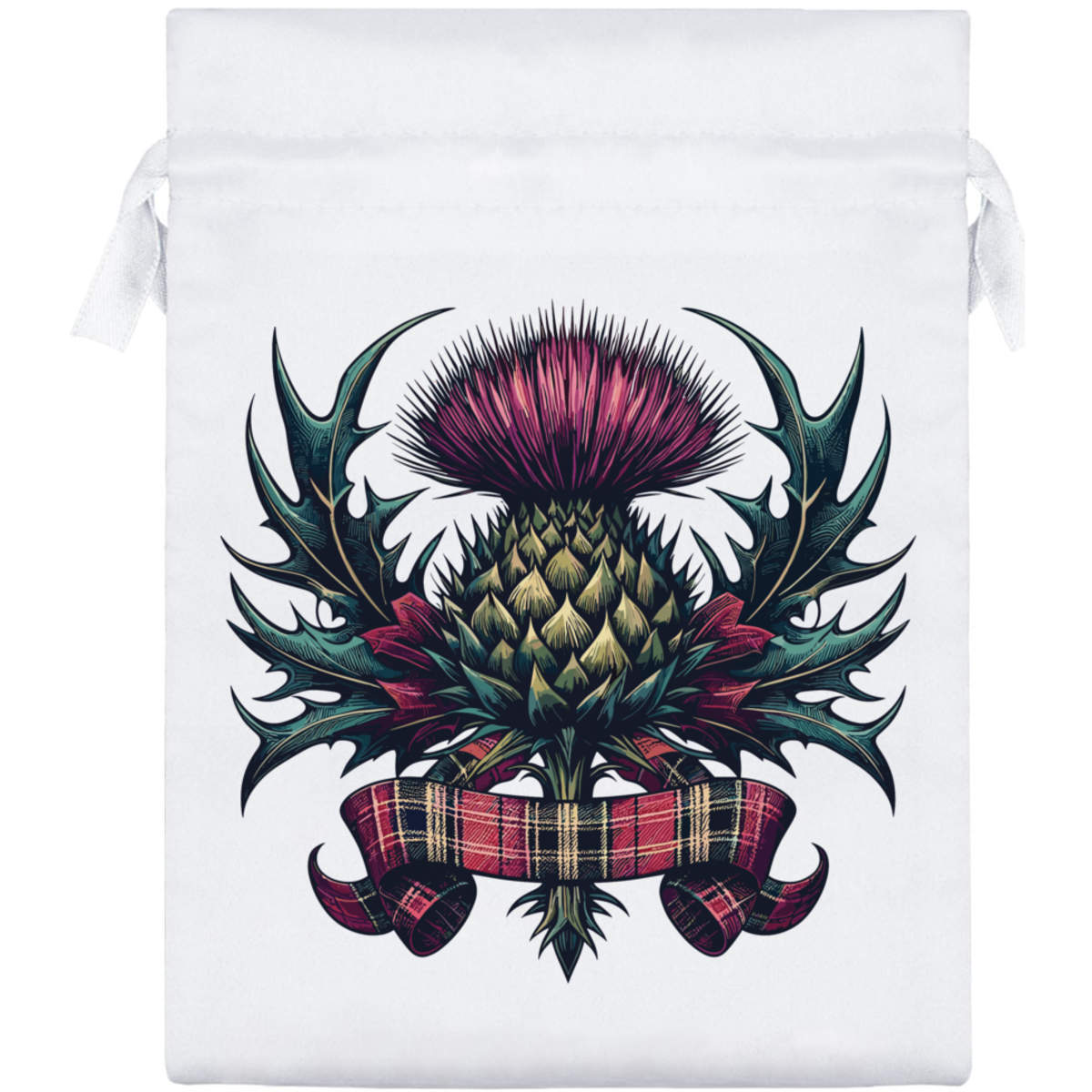 20cm 'Scottish Thistle With Tartan Ribbon' Satin Drawstring Bag / Pouch (SB00123867)