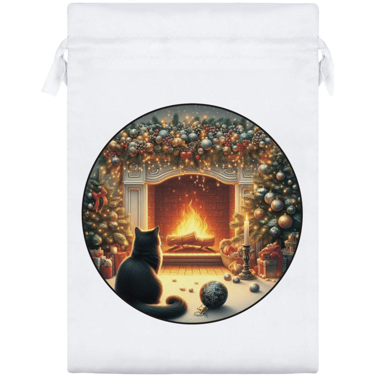 'Christmas Fireplace & Cat' Satin Drawstring Gift Bag - 17cm x 25cm - Pouch for Wedding Favours, Jewellery, Sweets and Parties (SB00136400)