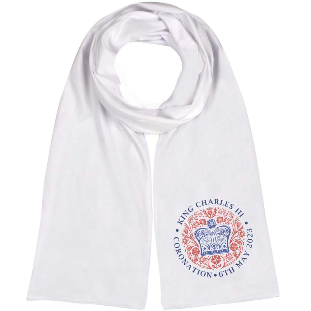 'King Charles Coronation' Lightweight Scarf / Wrap - White - King Charles May 2023 Emblem - Fashion Wrap for Spring, Summer, Travel, Outfits and Gifts (SC00024010)