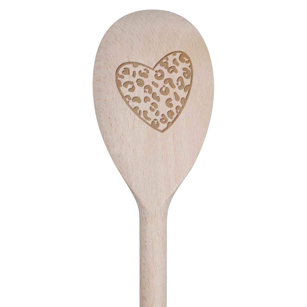 'Leopard Print Heart' Wooden Cooking Spoon - 30cm - Kitchen Utensil for Stirring, Baking, Sauces and Food Preparation (SO00014378)