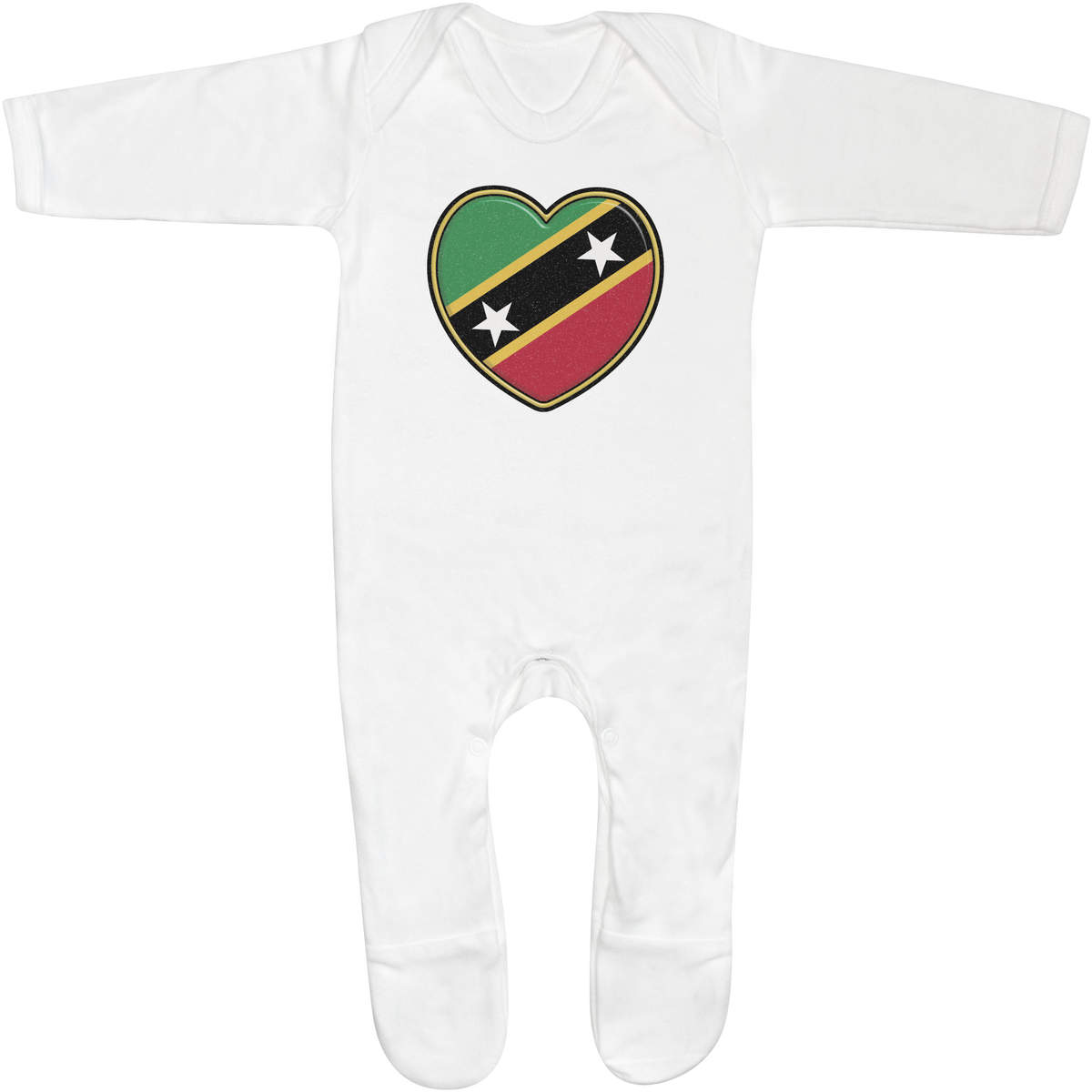 'St Kitts & Nevis Heart' Baby Sleepsuit / Romper - 100% Cotton Jumpsuit with Built-In Feet and Poppers (SS040759)