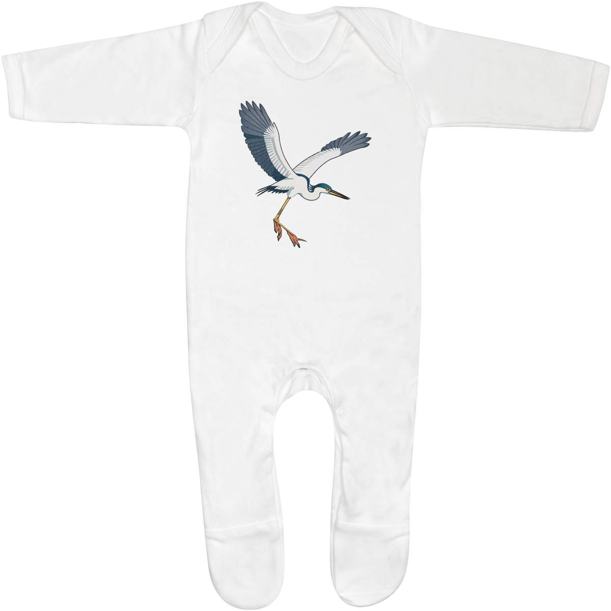 'Heron In Flight' Baby Sleepsuit - 0-3 Months - White 100% Cotton Romper / Jumpsuit with Built-In Feet and Poppers (SS00078510)