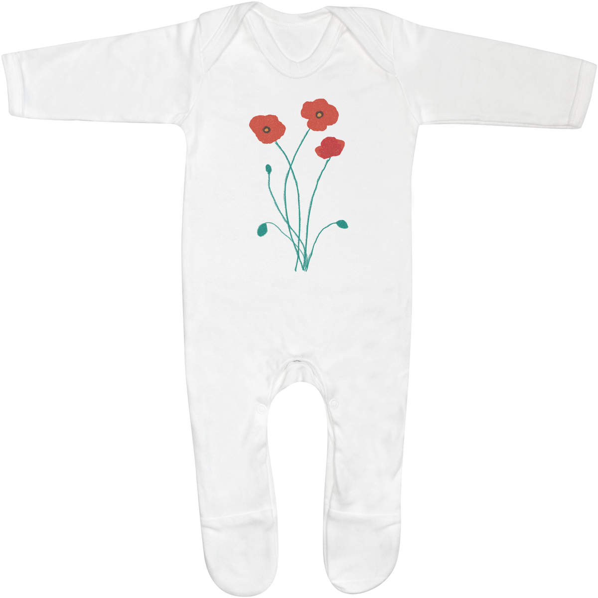 'Poppies And Buds' Baby Sleepsuit - 0-3 Months - White 100% Cotton Romper / Jumpsuit with Built-In Feet and Poppers (SS00087597)