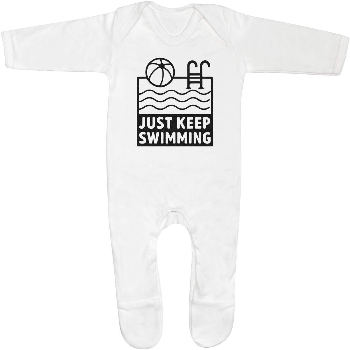 'Just Keep Swimming Pool' Baby Sleepsuit - 0-3 Months - White 100% Cotton Romper / Jumpsuit with Built-In Feet and Poppers (SS00109230)