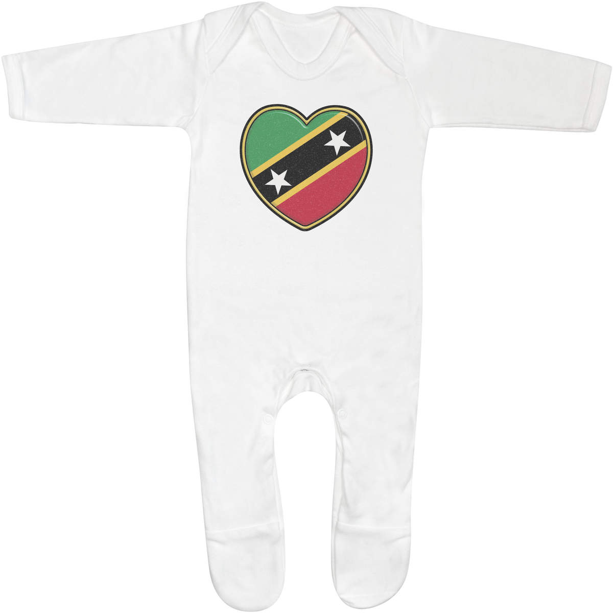 'St Kitts & Nevis Heart' Baby Sleepsuit - 3-6 Months - White 100% Cotton Romper / Jumpsuit with Built-In Feet and Poppers (SS00070336)