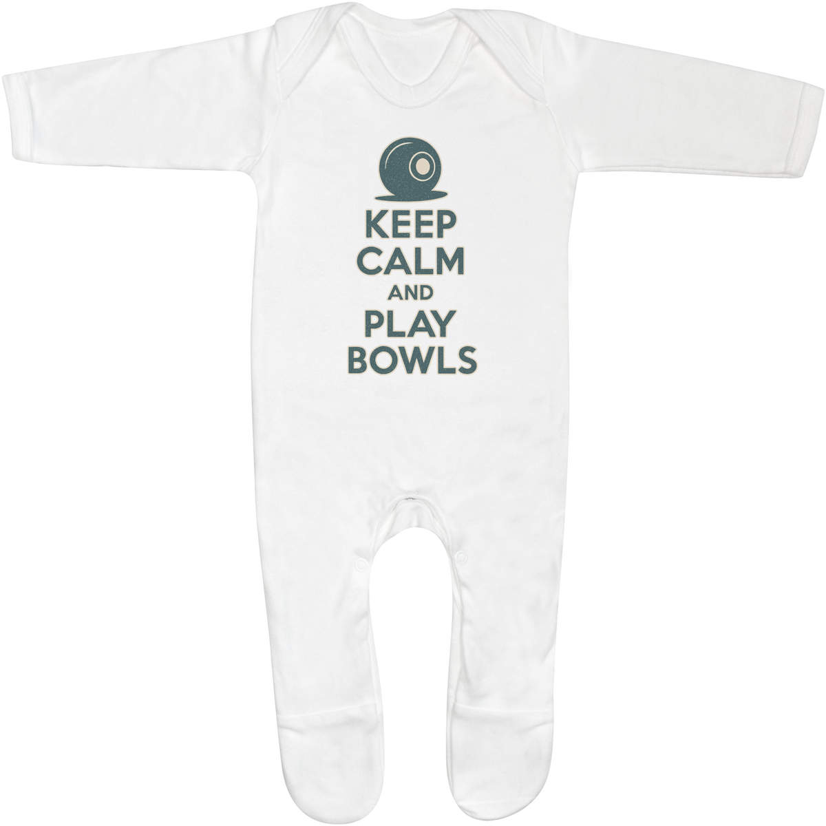 'Keep Calm and Play Bowls' Baby Sleepsuit - 6-12 Months - White 100% Cotton Romper / Jumpsuit with Built-In Feet and Poppers (SS00105647)