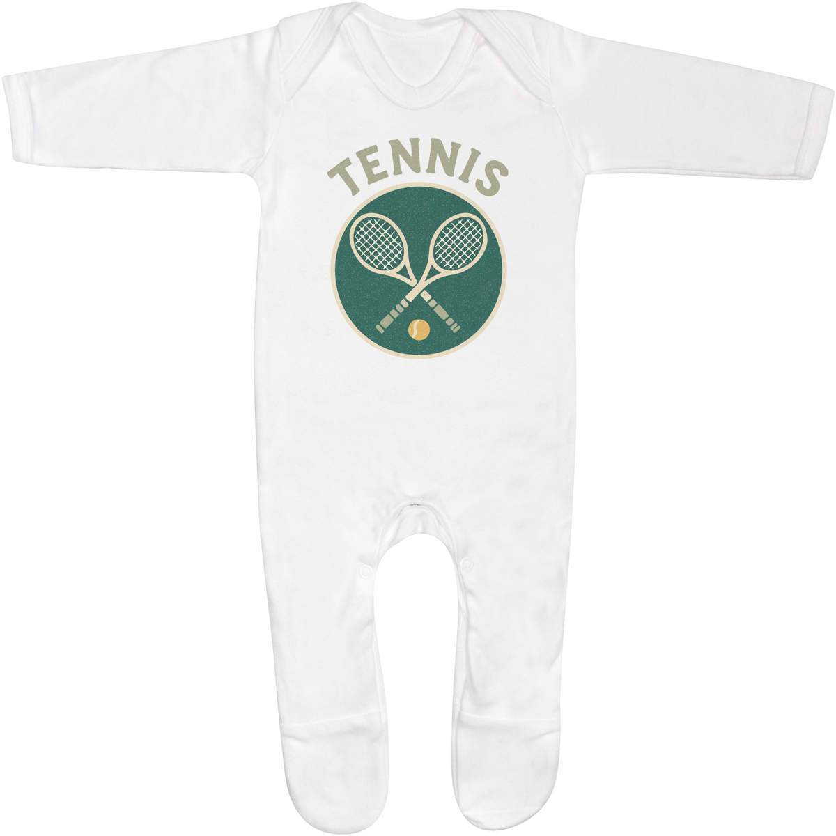 'Tennis Rackets' Baby Sleepsuit - 6-12 Months - White 100% Cotton Romper / Jumpsuit with Built-In Feet and Poppers (SS00108830)