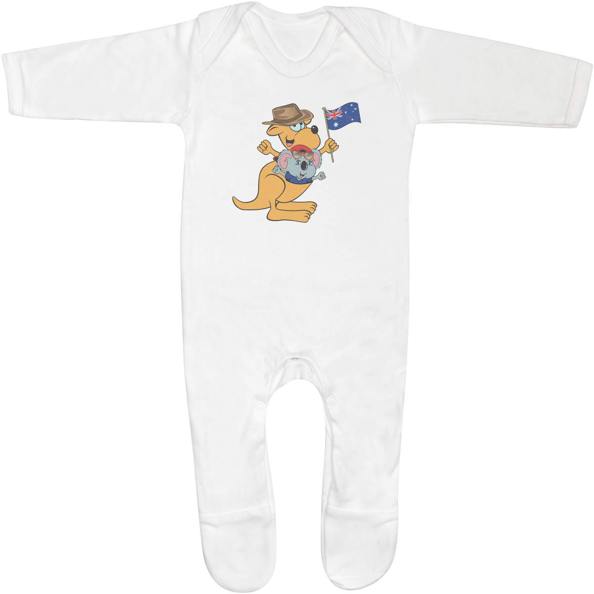 'Kangaroo and Koala' Baby Sleepsuit - 6-12 Months - White 100% Cotton Romper / Jumpsuit with Built-In Feet and Poppers (SS00118952)