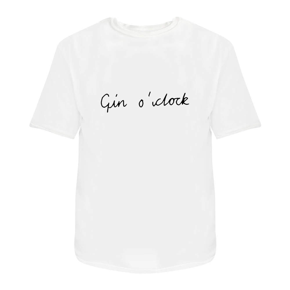 'Gin O'Clock Text' Unisex T-Shirt - Humorous Cocktail Happy Hour Phrase - 100 % Cotton, White, L (TA00058183)