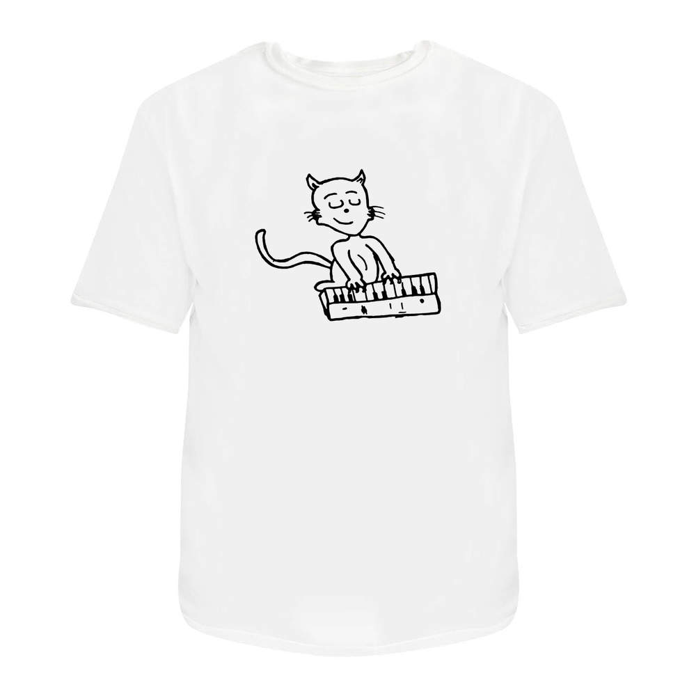 'Cat Playing Piano' Unisex T-Shirt - 100 % Cotton, White, L (TA00072223)