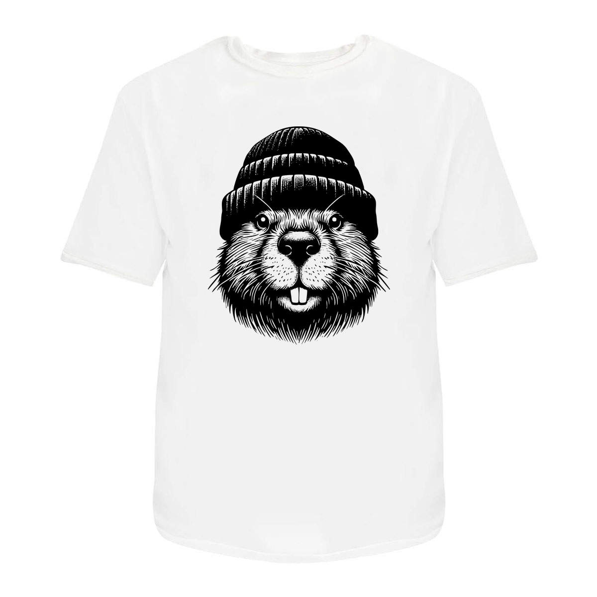 'Beaver Wearing Beanie Hat' Unisex T-Shirt -  100 % Cotton, White, L (TA00323650)