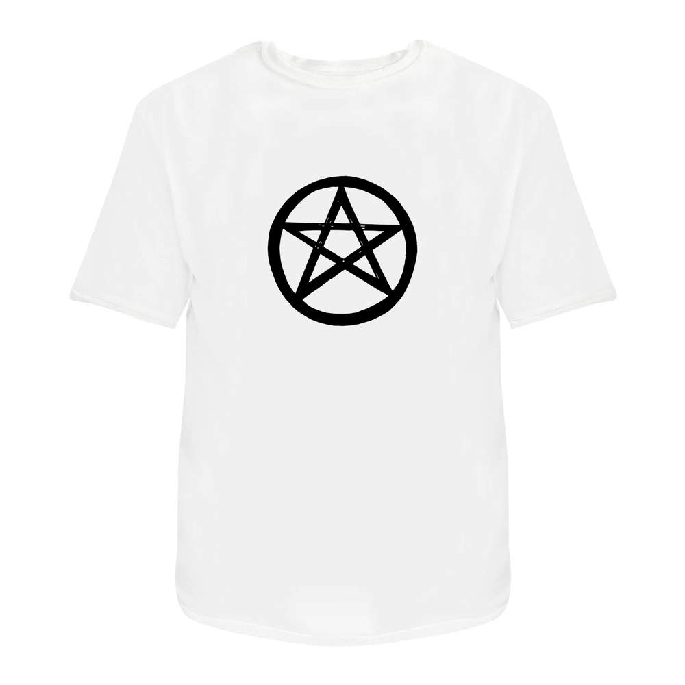 'Pentagram Star' Unisex T-Shirt - Mystical Occult Geometry Star Outline - 100 % Cotton, White, M (TA00025594)