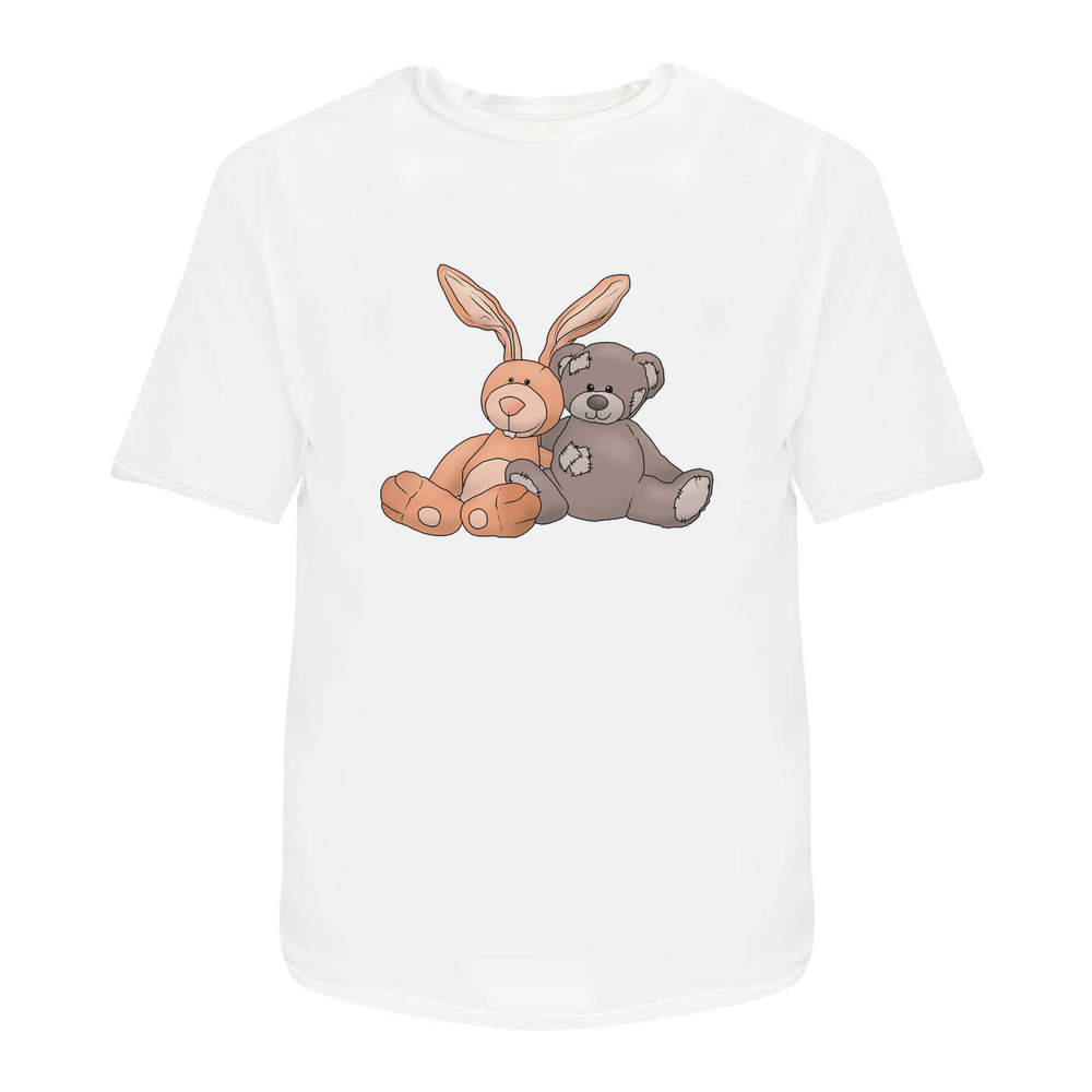 'Bunny & Teddy Toy Cuddle' Unisex T-Shirt - 100 % Cotton, White, M (TA00206805)