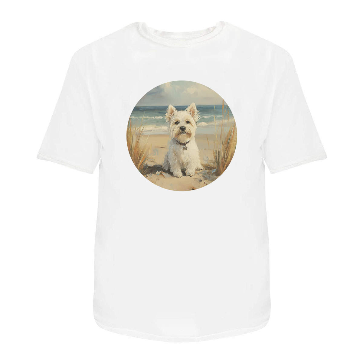 'Westie Dog on Beach' Unisex T-Shirt - White, S - Graphic Tee, 100% Cotton Short Sleeve Top for Men and Women (TA00448054)
