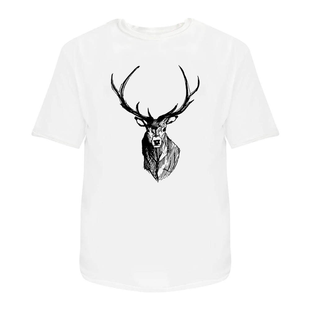 'Stag Head' Unisex T-Shirt - Elegant Deer Antlers Wildlife Illustration - 100 % Cotton, White, XXL (TA00230000)