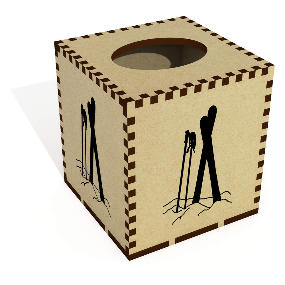 'Skis & Poles In Snow' Square Wooden Tissue Box Cover - Decorative Holder for Bathrooms, Bedrooms, Offices and Home Decor (TB00013877)