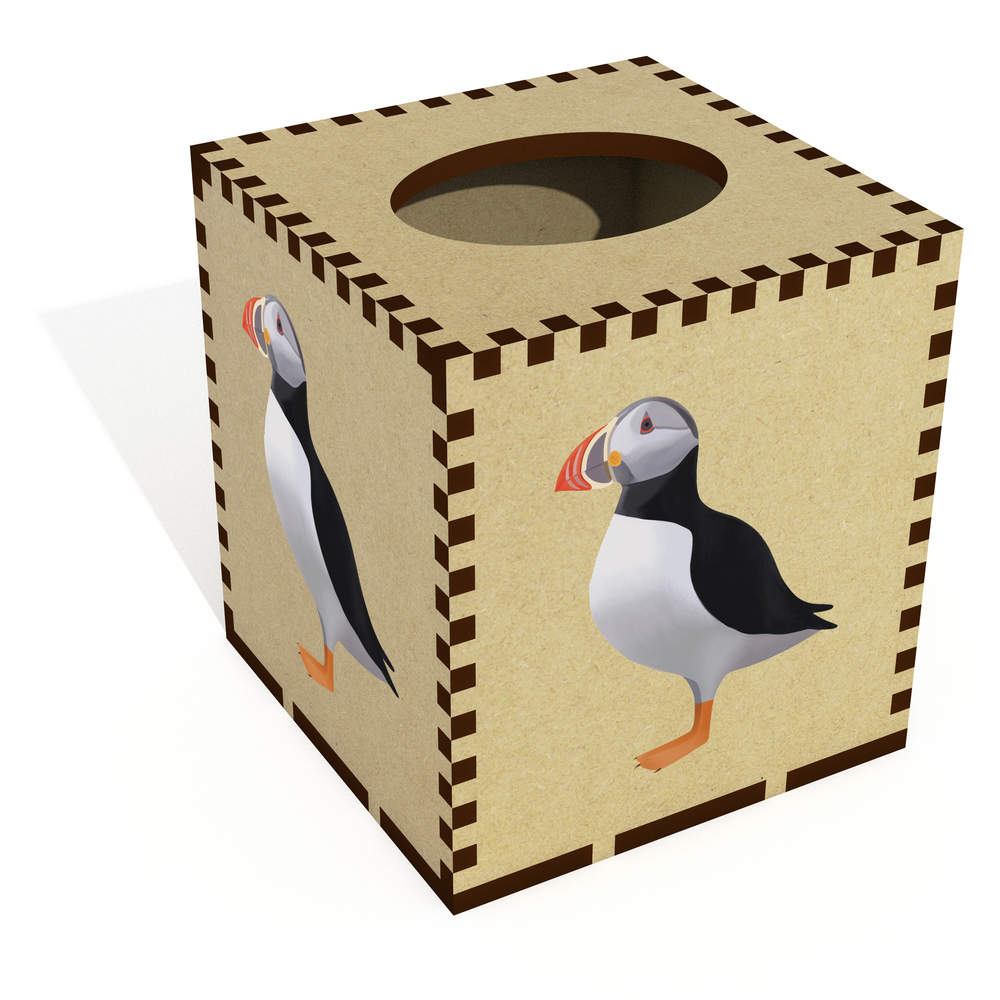 'Puffin' Square Wooden Tissue Box Cover - Decorative Holder for Bathrooms, Bedrooms, Offices and Home Decor (TB00039186)